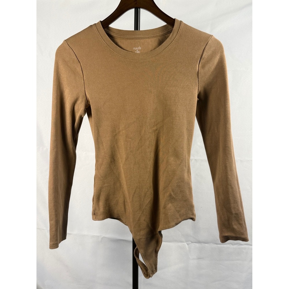 Nuuds Womens Medium Brown Ribbed Long Sleeve Bodysuit Neutral Minimalist Basic